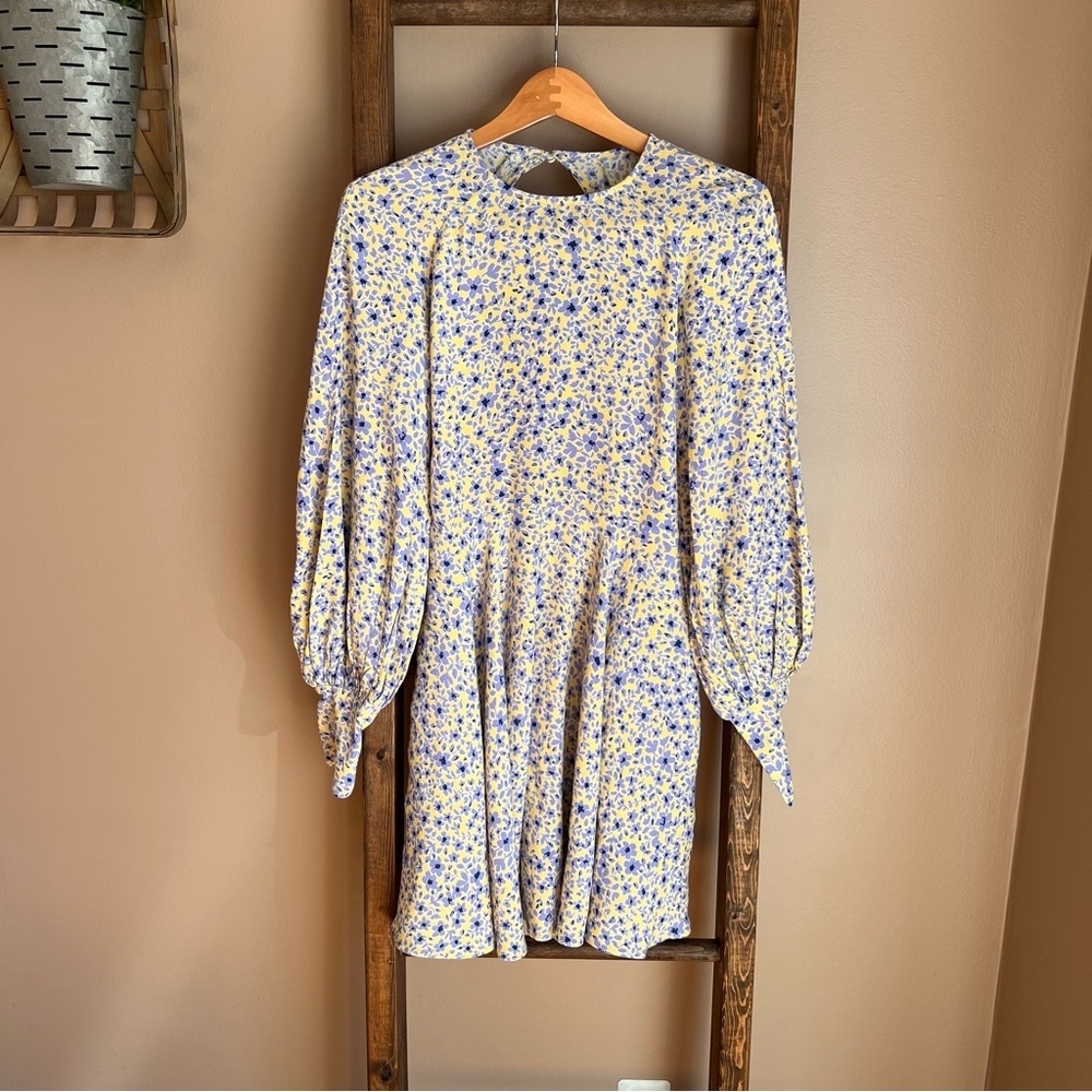 Oliviaceous Floral Puff Sleeve Mini Dress in Yellow and Blue
